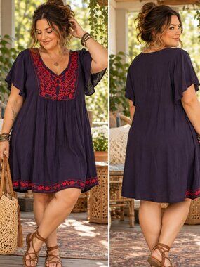 Lapogee 3X Purple Red Embroidered Boho Peasant Dress Rayon Made in India PLUS
